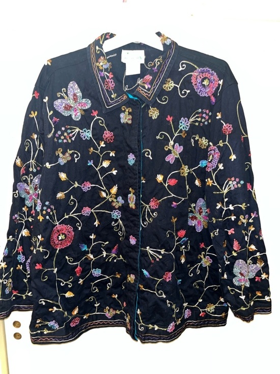 The Quaker Factory Jackets & Blazers - Quacker Favtory Embroidered / Embellished Black Floral Button-Up Jacket